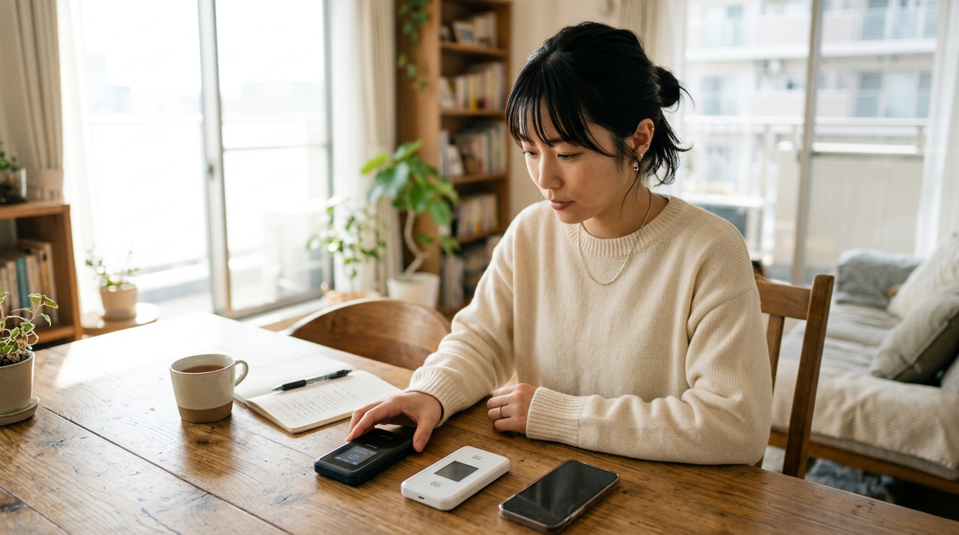 テーブルの上でポケットWiFiとWiMAX端末を並めて比較検討する日本人女性