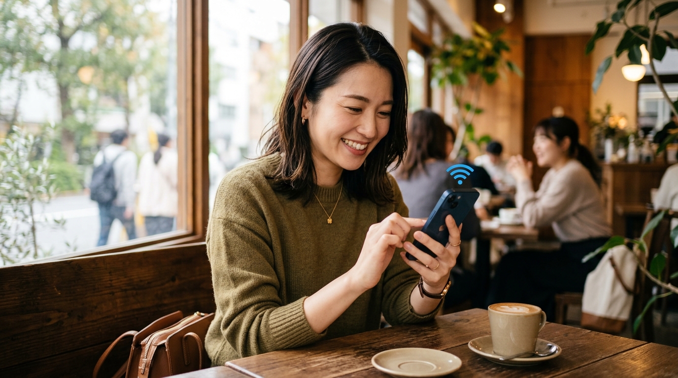 スマホやタブレットをWiFiに繋いで笑顔で快適に使う日本人女性