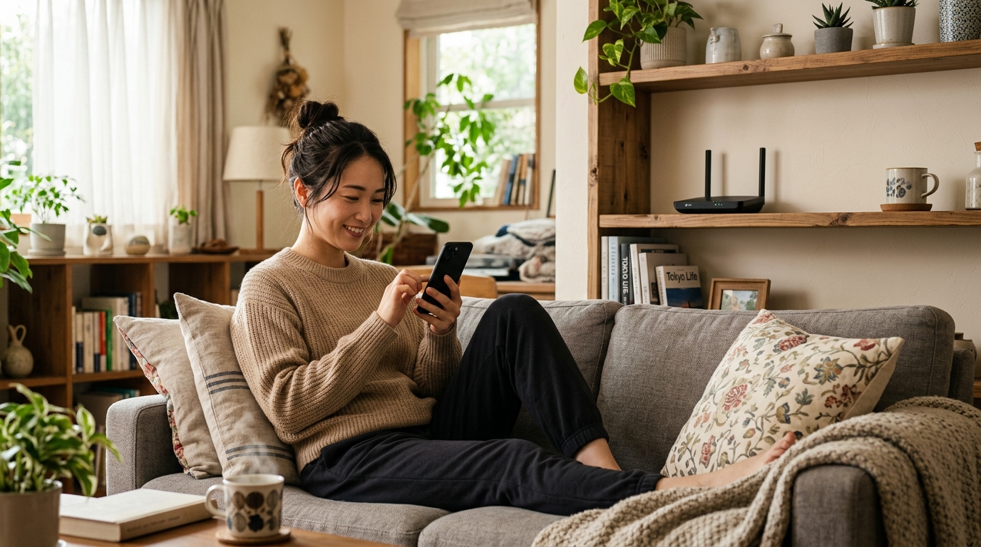 自宅の部屋でホームルーターとスマホを並めてリラックスして過ごす日本人女性