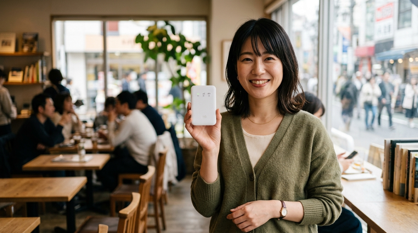 楽天モバイルのポケットWiFi「Rakuten WiFi Pocket Platinum」を手に持つ日本人女性