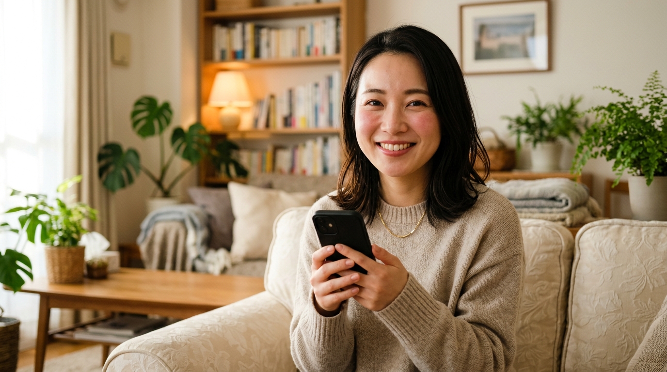 スマホを両手で持って安心した表情でこちらを見つめる優しい笑顔の日本人女性