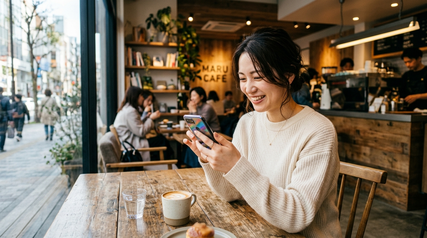 カフェや外出先でWiFiスポットに繋いで楽しそうにスマホを見る日本人女性